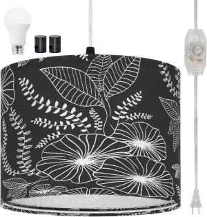 Plug in Pendant Light, Hanging Light with Plug in Cord with Dimmable Switch, Hanging Lamp with 15 ft Clear Cord, Black Pendant Light Fixture for Bedroom Kitchen Living Room