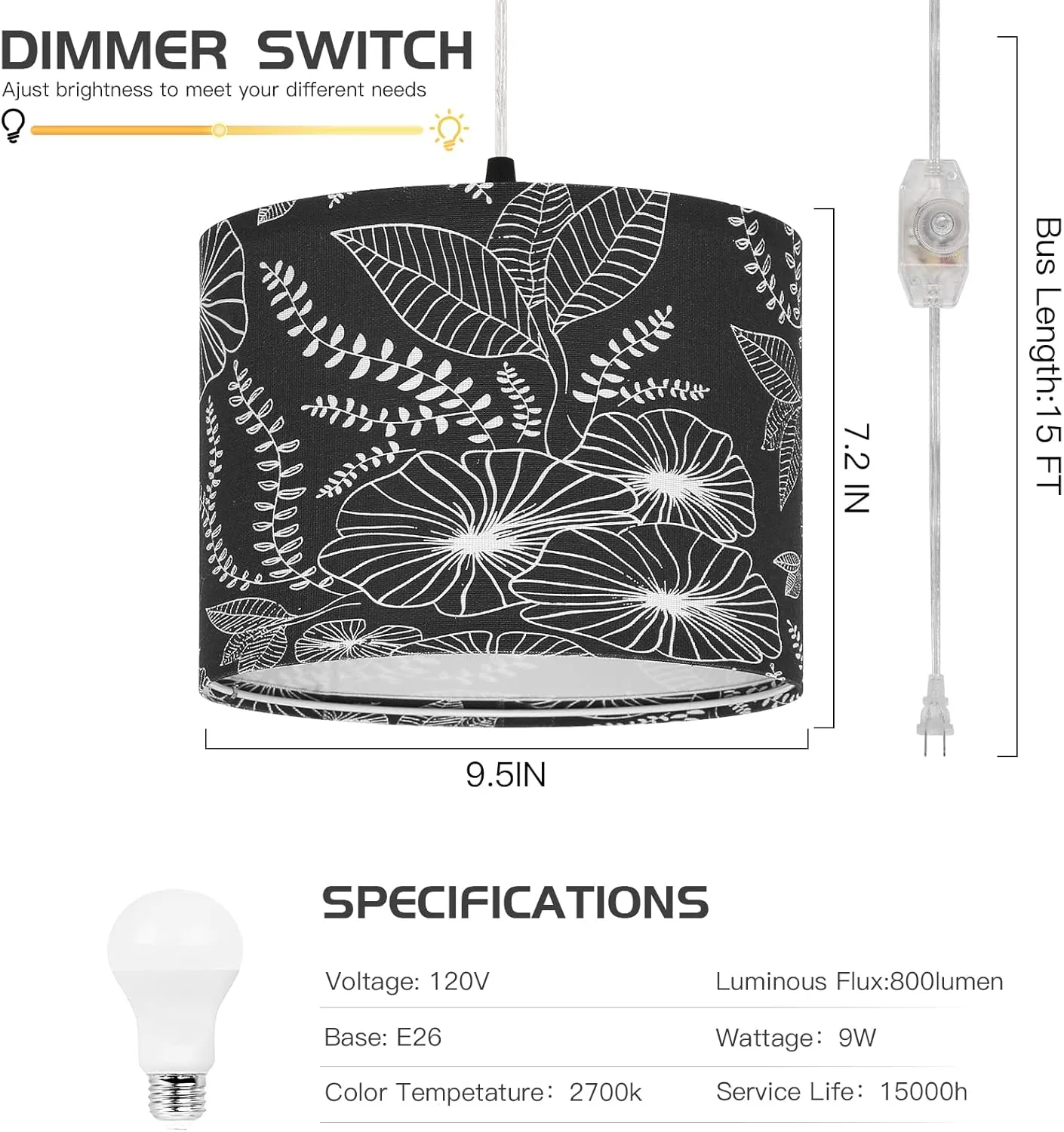 Plug in Pendant Light, Hanging Light with Plug in Cord with Dimmable Switch, Hanging Lamp with 15 ft Clear Cord, Black Pendant Light Fixture for Bedroom Kitchen Living Room