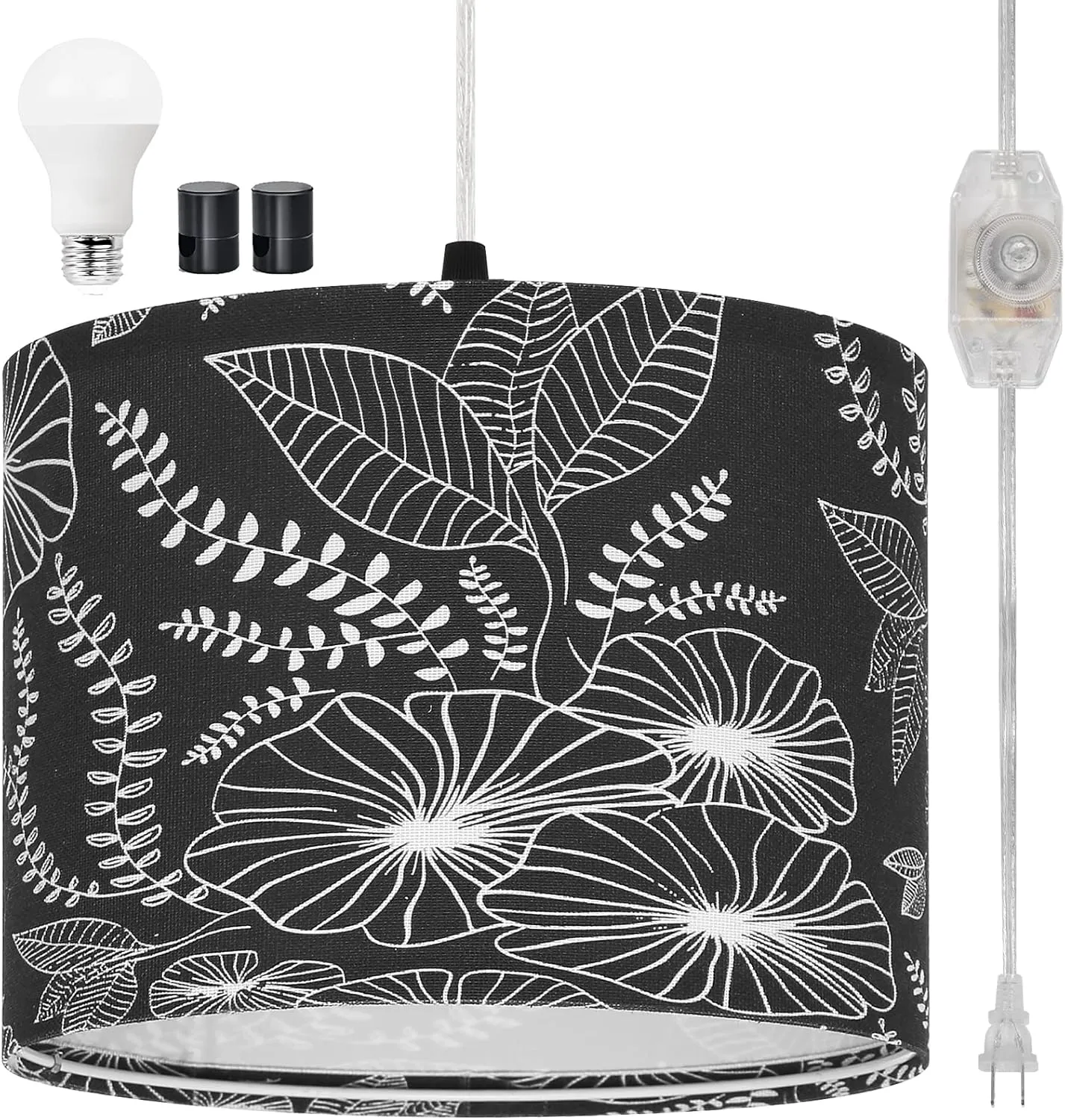 Plug in Pendant Light, Hanging Light with Plug in Cord with Dimmable Switch, Hanging Lamp with 15 ft Clear Cord, Black Pendant Light Fixture for Bedroom Kitchen Living Room