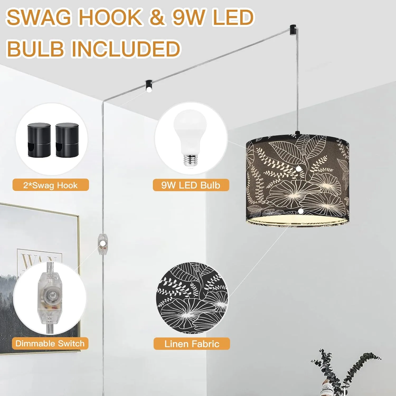 Plug in Pendant Light, Hanging Light with Plug in Cord with Dimmable Switch, Hanging Lamp with 15 ft Clear Cord, Black Pendant Light Fixture for Bedroom Kitchen Living Room
