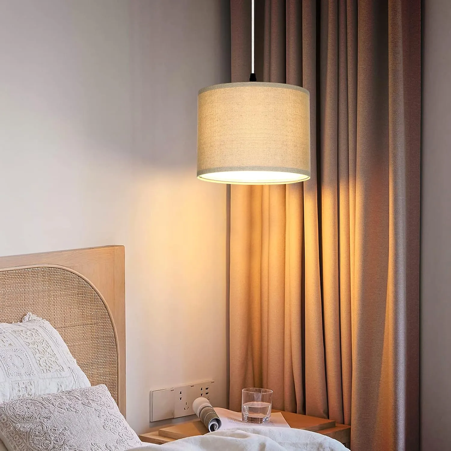 Plug in Pendant Light, Hanging Light with Plug in Cord with Dimmable Switch, Hanging Lamp with 15 ft Clear Cord, Linen Pendant Light Fixture for Bedroom