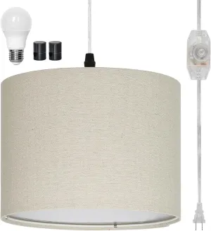 Plug in Pendant Light, Hanging Light with Plug in Cord with Dimmable Switch, Hanging Lamp with 15 ft Clear Cord, Linen Pendant Light Fixture for Bedroom