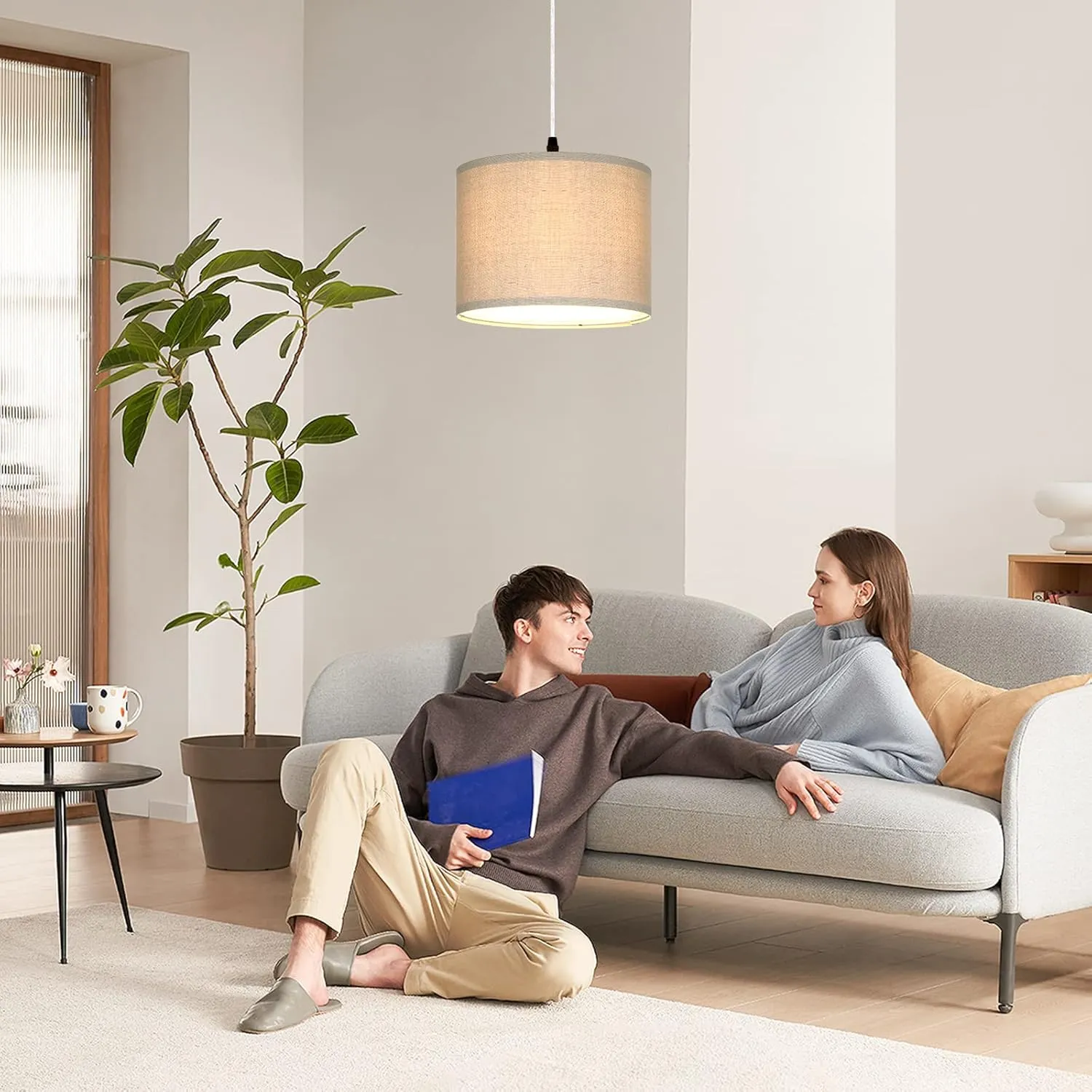 Plug in Pendant Light, Hanging Light with Plug in Cord with Dimmable Switch, Hanging Lamp with 15 ft Clear Cord, Linen Pendant Light Fixture for Bedroom