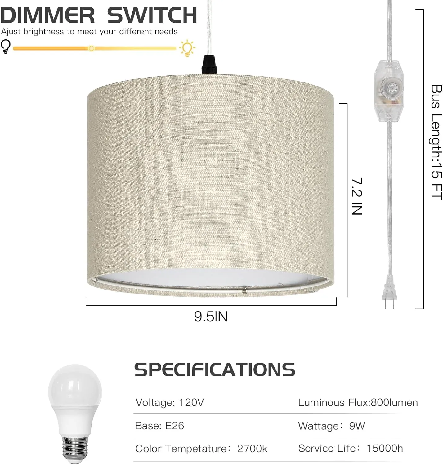 Plug in Pendant Light, Hanging Light with Plug in Cord with Dimmable Switch, Hanging Lamp with 15 ft Clear Cord, Linen Pendant Light Fixture for Bedroom