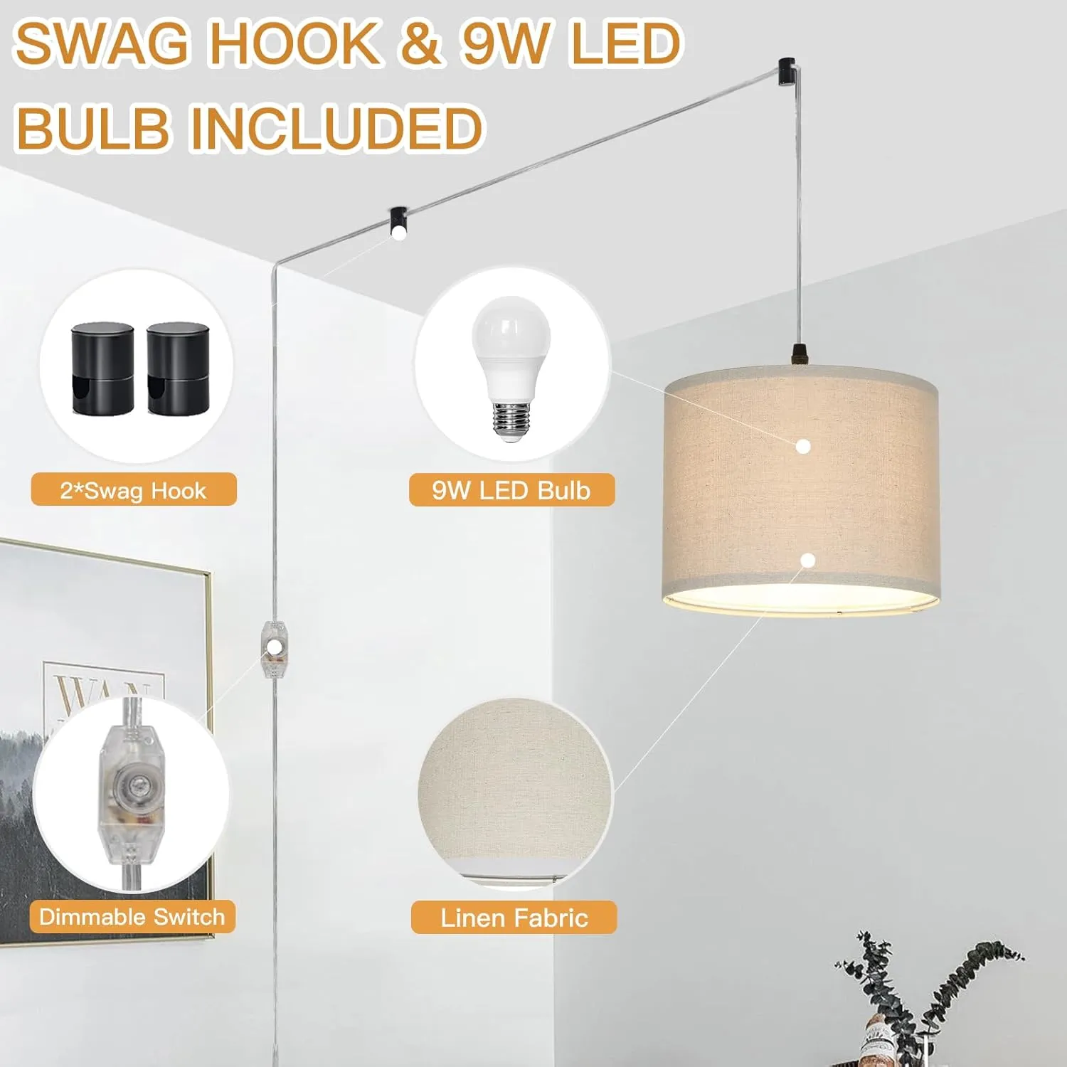 Plug in Pendant Light, Hanging Light with Plug in Cord with Dimmable Switch, Hanging Lamp with 15 ft Clear Cord, Linen Pendant Light Fixture for Bedroom