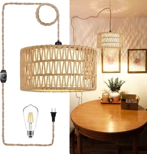 Plug in Pendant Light Hanging Lights with Plug in Cord Hanging Lamp Rattan Boho Dimmable,Wicker Bamboo Woven Lamp Shade,Hemp Rope Plug in Ceiling Light Fixture for Living Room,Bedroom,Kitchen