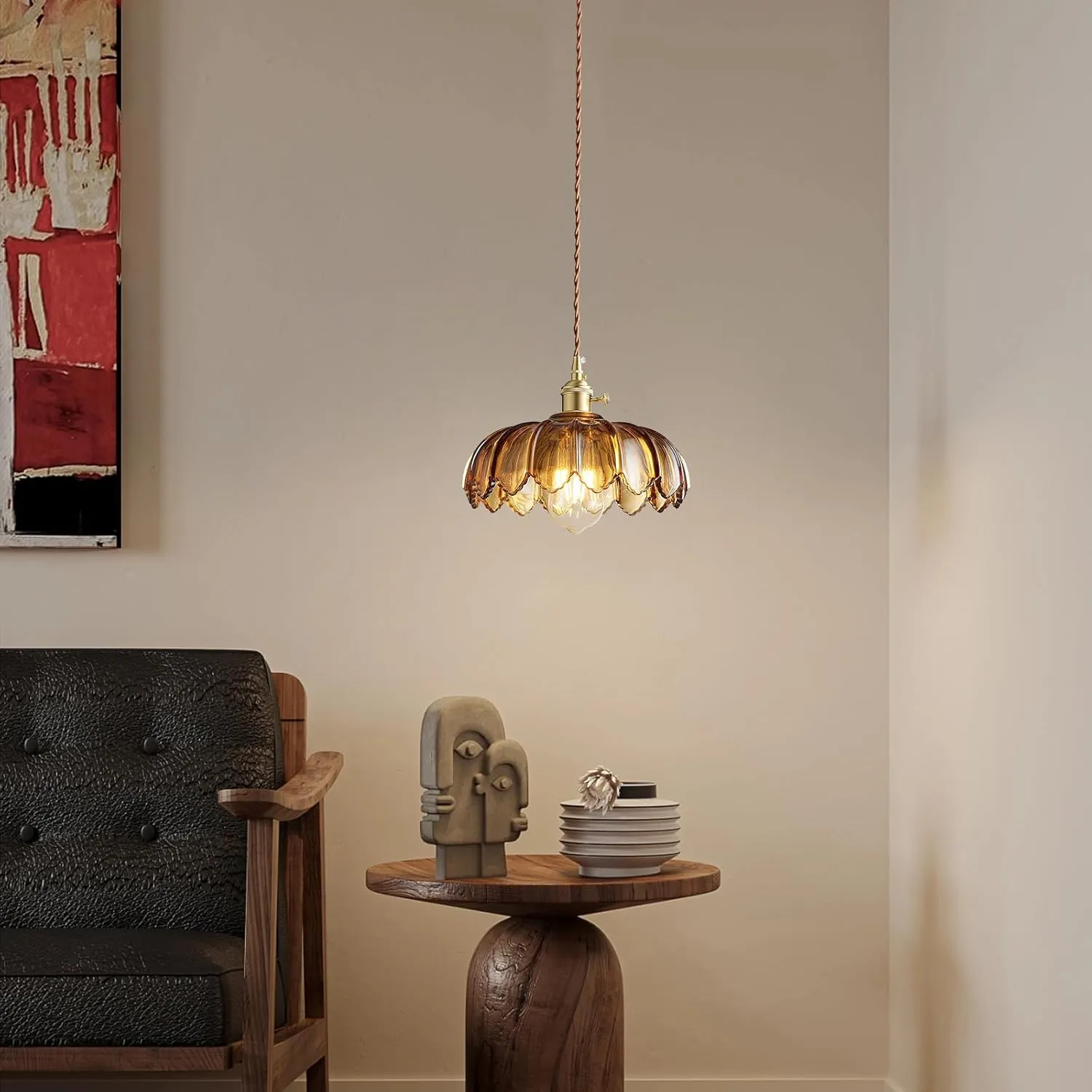 Plug in Pendant Light: Plug in Hanging Lamps 14.8ft Swag Cord with Rotating Switch, Amber Glass Hanging Lamp Fixture for Kitchen Island & Ceiling Hanging Lights