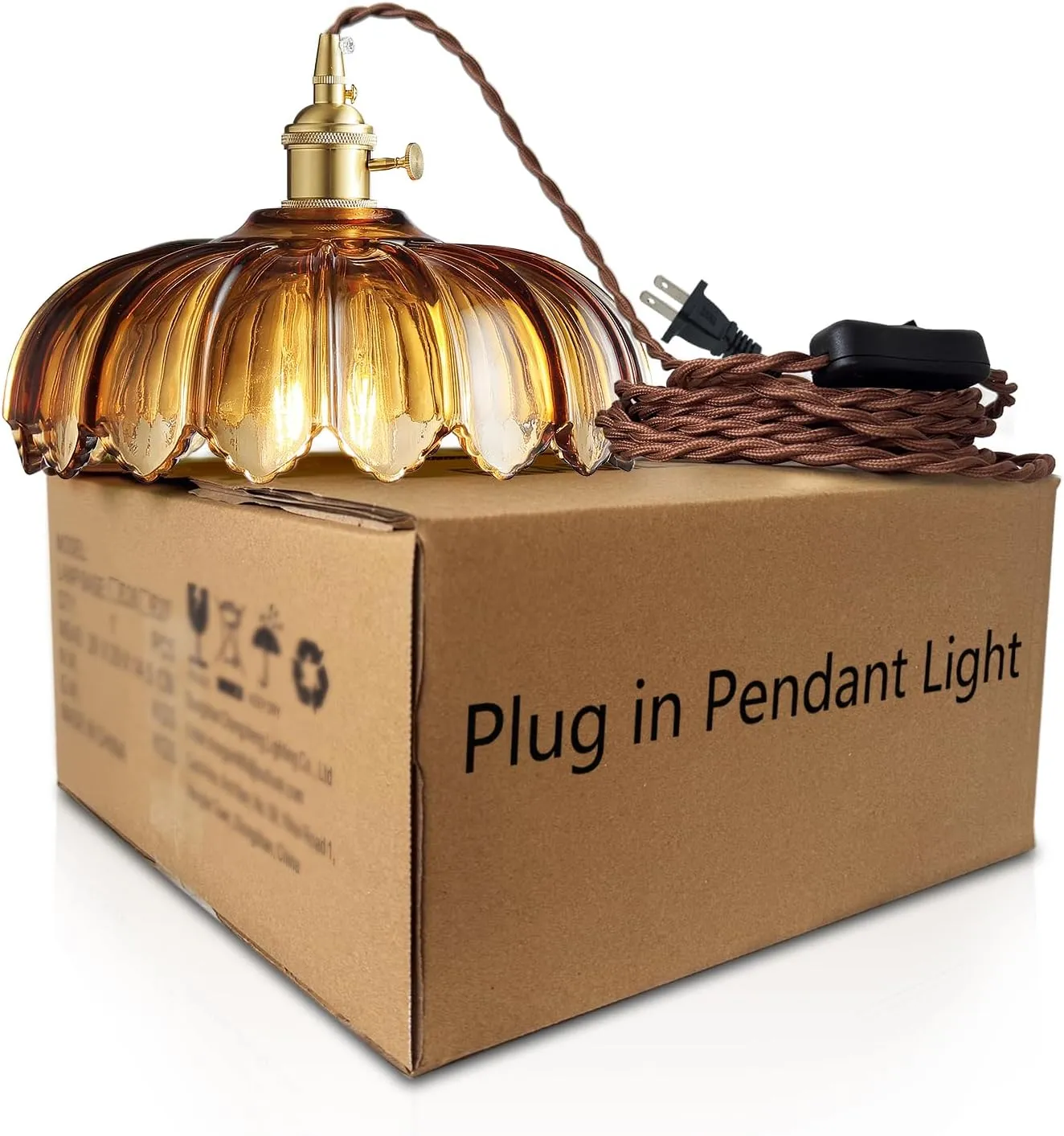Plug in Pendant Light: Plug in Hanging Lamps 14.8ft Swag Cord with Rotating Switch, Amber Glass Hanging Lamp Fixture for Kitchen Island & Ceiling Hanging Lights