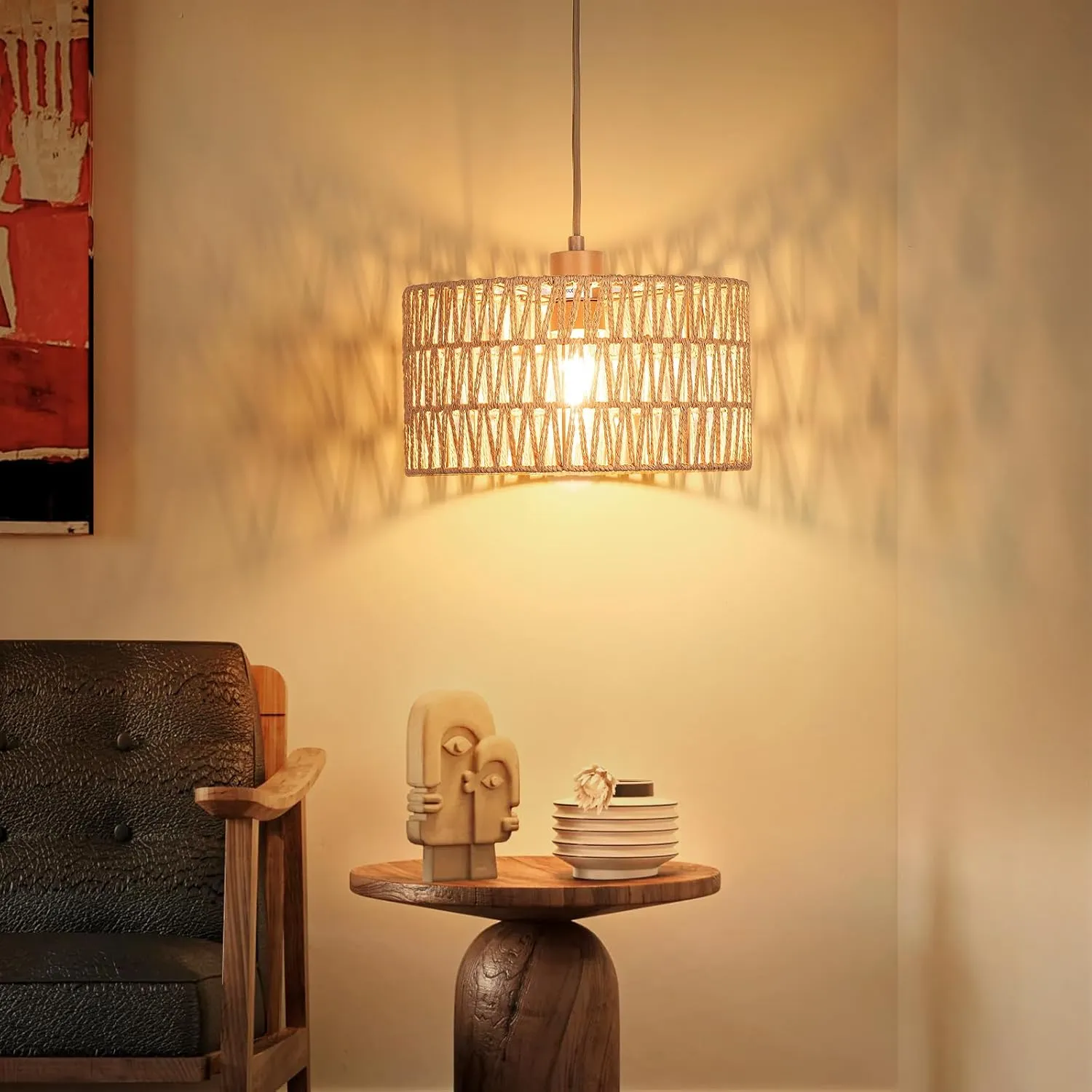 Plug in Pendant Light Rattan Hanging Lamp, Boho Hanging Lights with Paper Woven & Fabric 2 in 1 Shade, 3-Way Dimmable Bulb Included, Ceiling Light Fixture for Living Room,Bedroom,Farmhouse