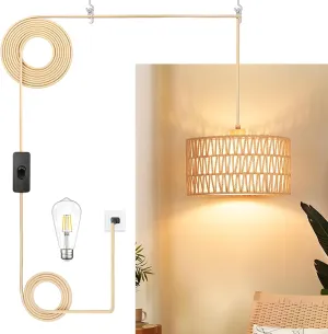 Plug in Pendant Light Rattan Hanging Lamp, Boho Hanging Lights with Paper Woven & Fabric 2 in 1 Shade, 3-Way Dimmable Bulb Included, Ceiling Light Fixture for Living Room,Bedroom,Farmhouse