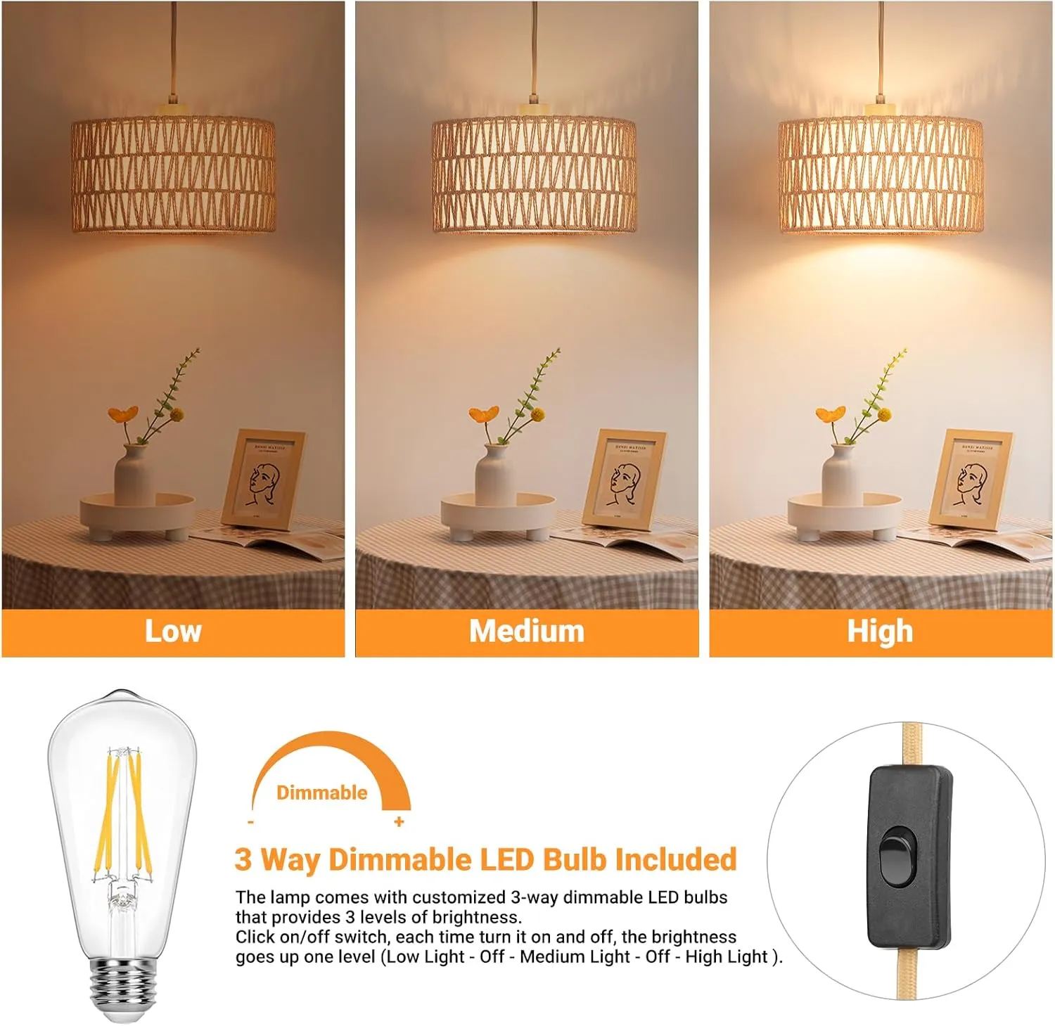 Plug in Pendant Light Rattan Hanging Lamp, Boho Hanging Lights with Paper Woven & Fabric 2 in 1 Shade, 3-Way Dimmable Bulb Included, Ceiling Light Fixture for Living Room,Bedroom,Farmhouse