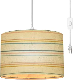 Plug in Pendant Light Striped seamless repeat border drawn organic horizontal stripes Fun Hanging Lamp with 16.4FT Plug in Clear Cord Fabric Shade Dimmable Switch for Bedroom Living Room Kitchen