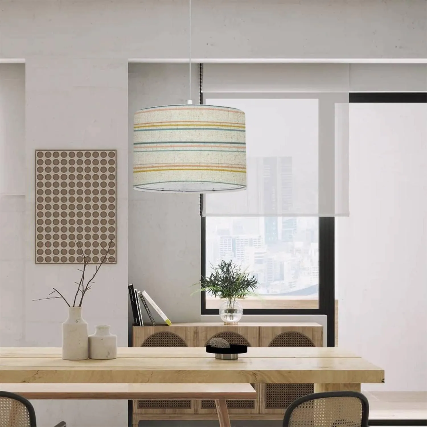 Plug in Pendant Light Striped seamless repeat border drawn organic horizontal stripes Fun Hanging Lamp with 16.4FT Plug in Clear Cord Fabric Shade Dimmable Switch for Bedroom Living Room Kitchen