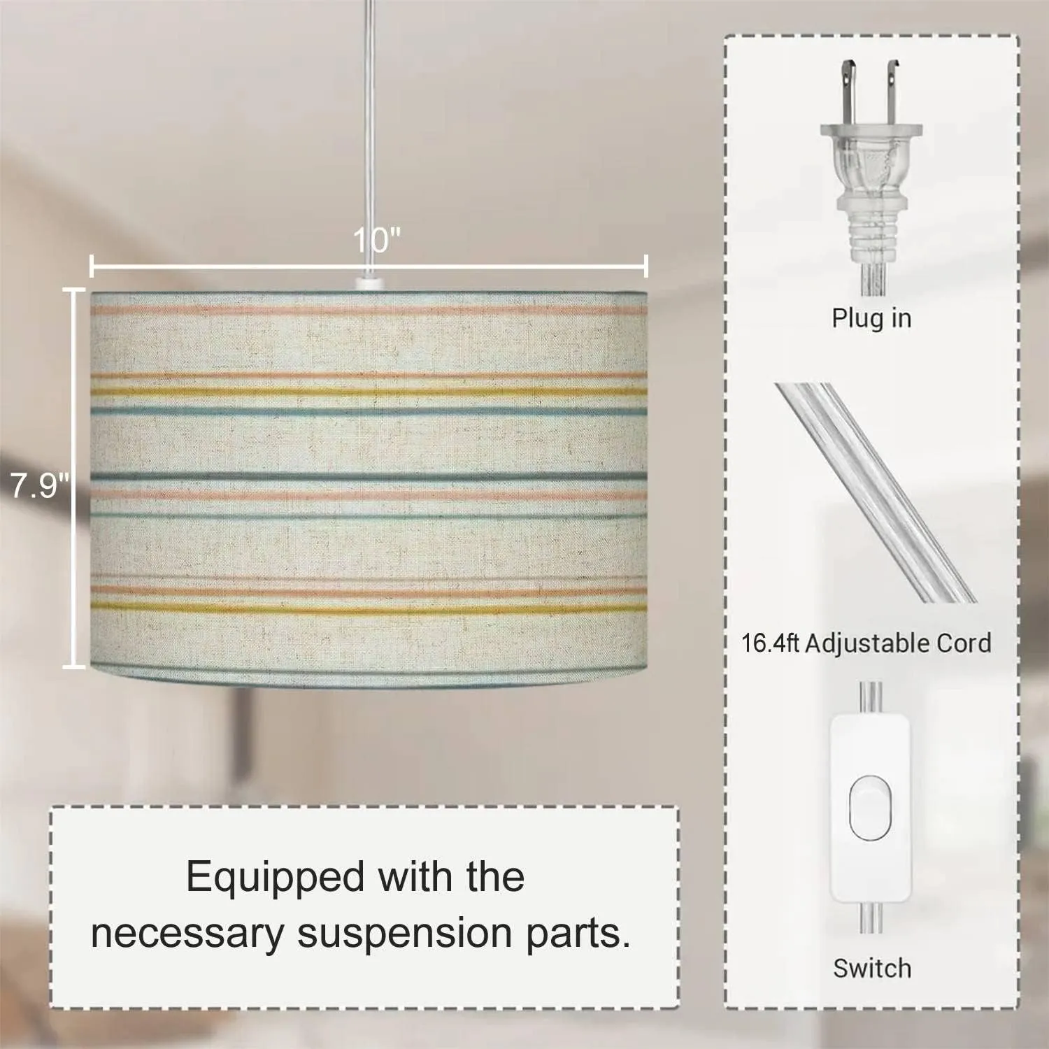 Plug in Pendant Light Striped seamless repeat border drawn organic horizontal stripes Fun Hanging Lamp with 16.4FT Plug in Clear Cord Fabric Shade Dimmable Switch for Bedroom Living Room Kitchen