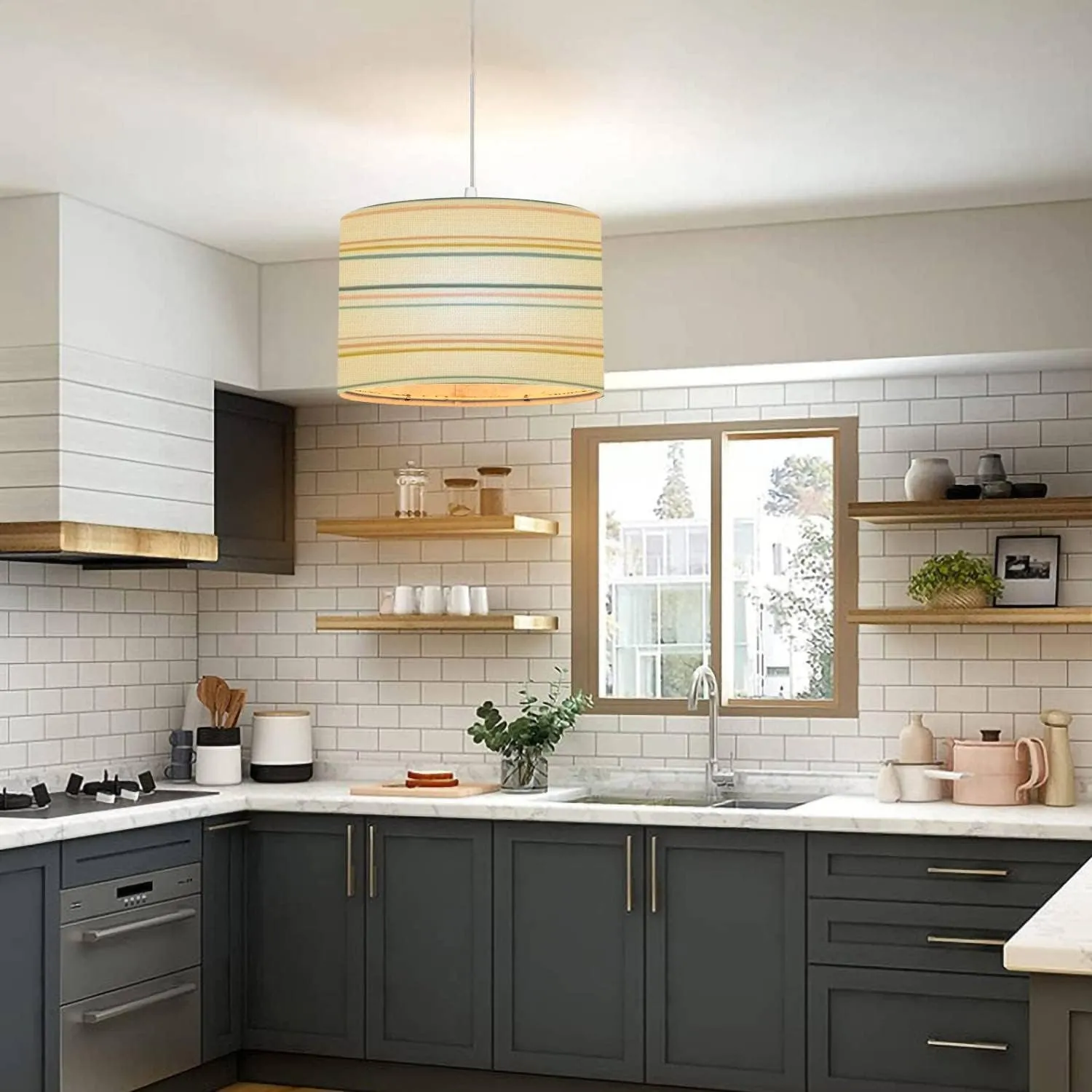 Plug in Pendant Light Striped seamless repeat border drawn organic horizontal stripes Fun Hanging Lamp with 16.4FT Plug in Clear Cord Fabric Shade Dimmable Switch for Bedroom Living Room Kitchen