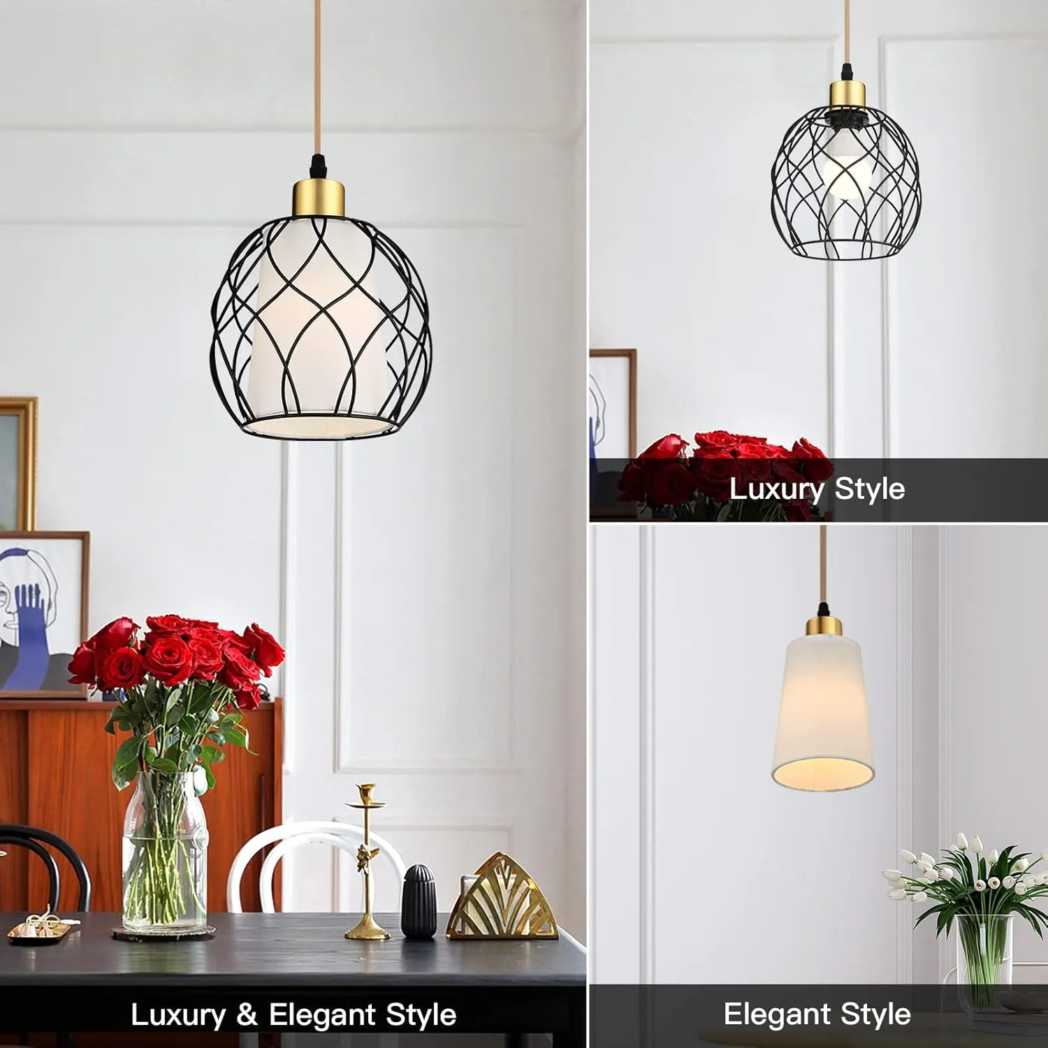 Plug in Pendant Light,Hanging Light with Plug in Cord,Black Hanging Lamp with Dimmable Switch,15 ft Golden Cotton Cord,Hanging Light Fixture for Kitchen Living Room Bedroom (Bulb Included)