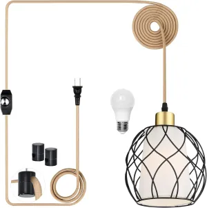 Plug in Pendant Light,Hanging Light with Plug in Cord,Black Hanging Lamp with Dimmable Switch,15 ft Golden Cotton Cord,Hanging Light Fixture for Kitchen Living Room Bedroom (Bulb Included)