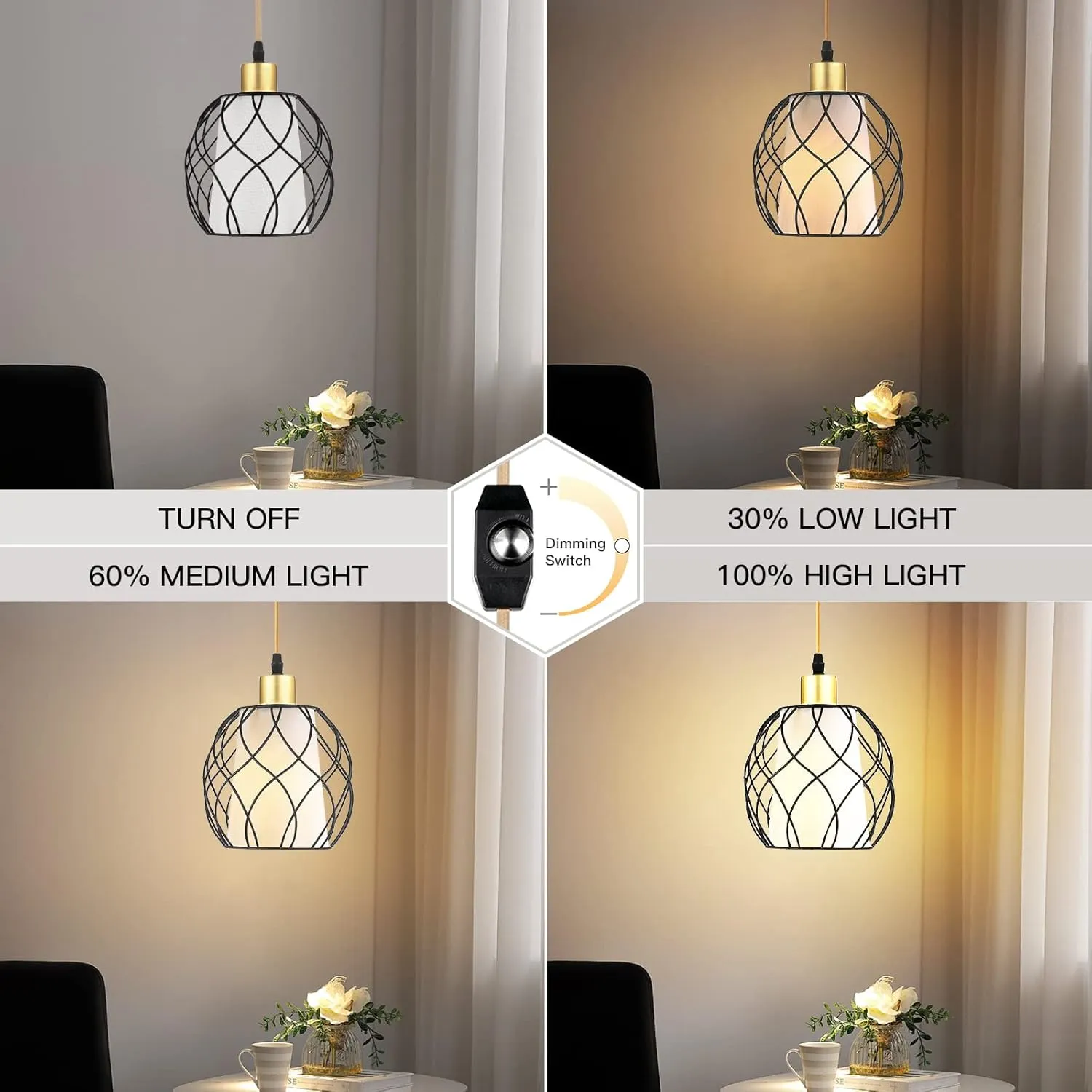 Plug in Pendant Light,Hanging Light with Plug in Cord,Black Hanging Lamp with Dimmable Switch,15 ft Golden Cotton Cord,Hanging Light Fixture for Kitchen Living Room Bedroom (Bulb Included)