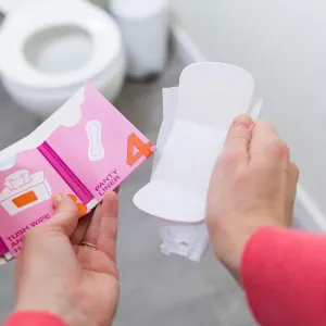 Plus 12 Pack, is The Ultimate Public Restroom Travel aid. The Compact Four Pocket kit Contains Fresh-Clean-Quality Restroom Essentials which Includes a Panty Liner.