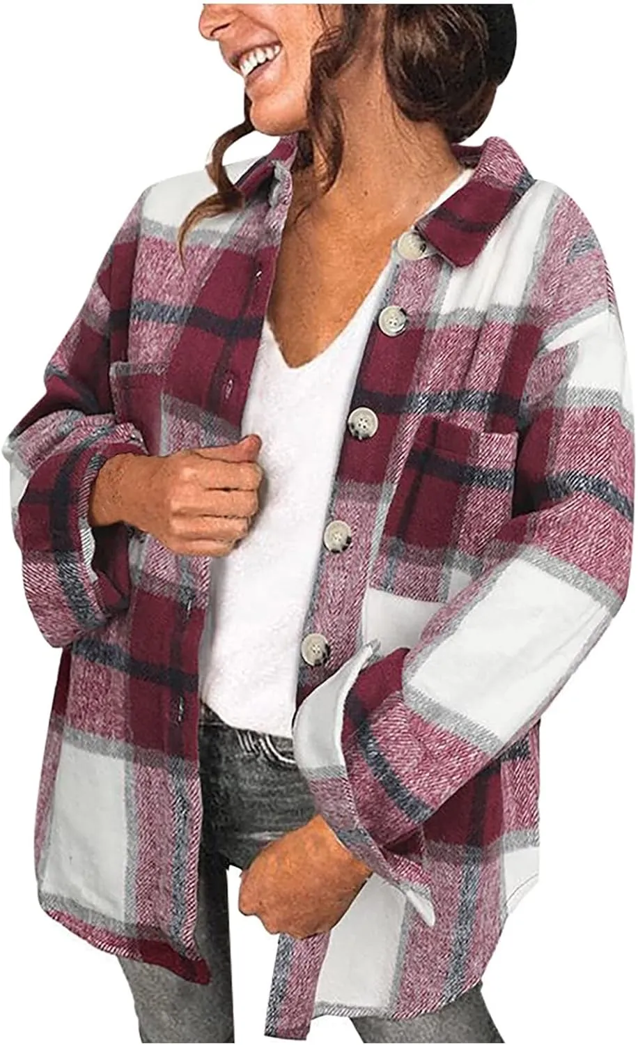 Plus Size Flannel Lapel Jacket Blouse Oversized Fall Shacket for Women Ladies Long Sleeve Fall Coat Plaid Long Shirt