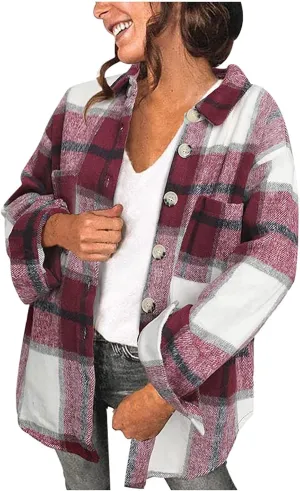 Plus Size Flannel Lapel Jacket Blouse Oversized Fall Shacket for Women Ladies Long Sleeve Fall Coat Plaid Long Shirt