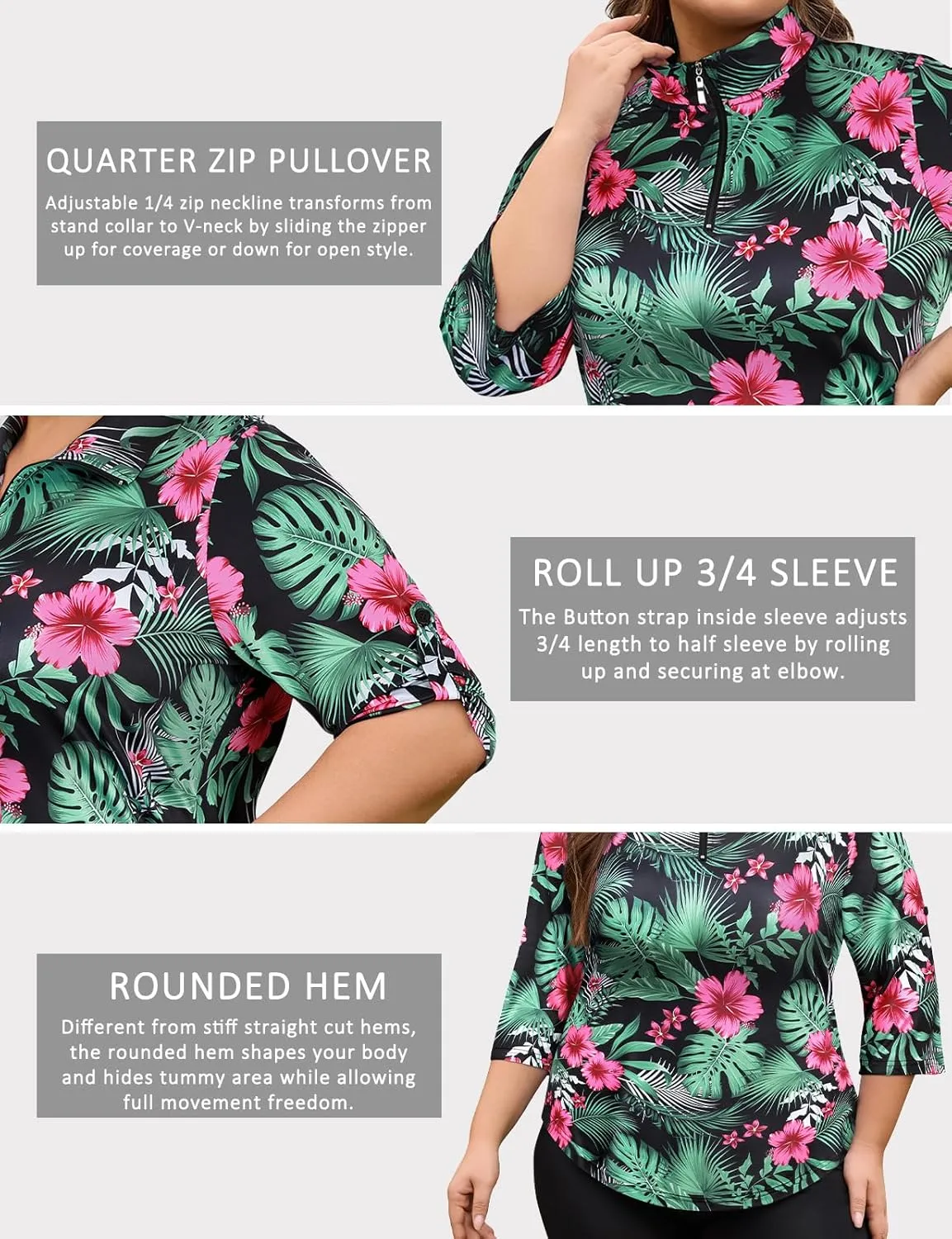 Plus Size Golf Polo Shirts for Women 3/4 Sleeve Quarter Zip Pullover Quick Dry Workout Tops XL-5XL