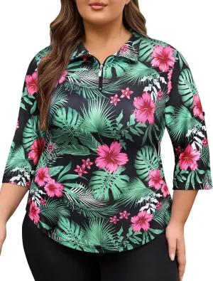 Plus Size Golf Polo Shirts for Women 3/4 Sleeve Quarter Zip Pullover Quick Dry Workout Tops XL-5XL