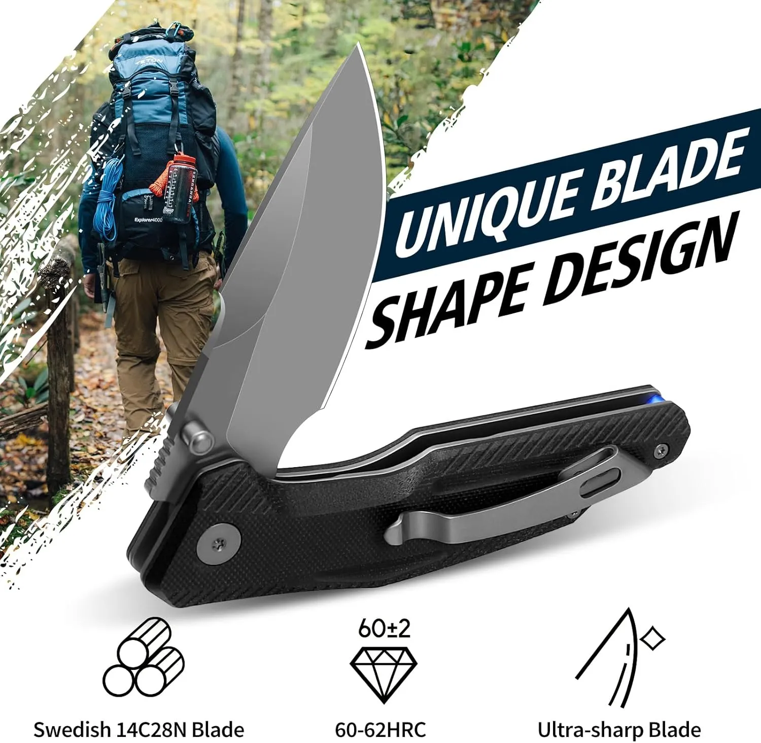 Pocket Knife, 3.26" Premium 14C28N Blade G10 Handle with Fire Starter Function, Folding Knife with Pocket Clip for Men Women, EDC Knife for Outdoor Camping, Hunting, Hiking, Survival, Falcon Series