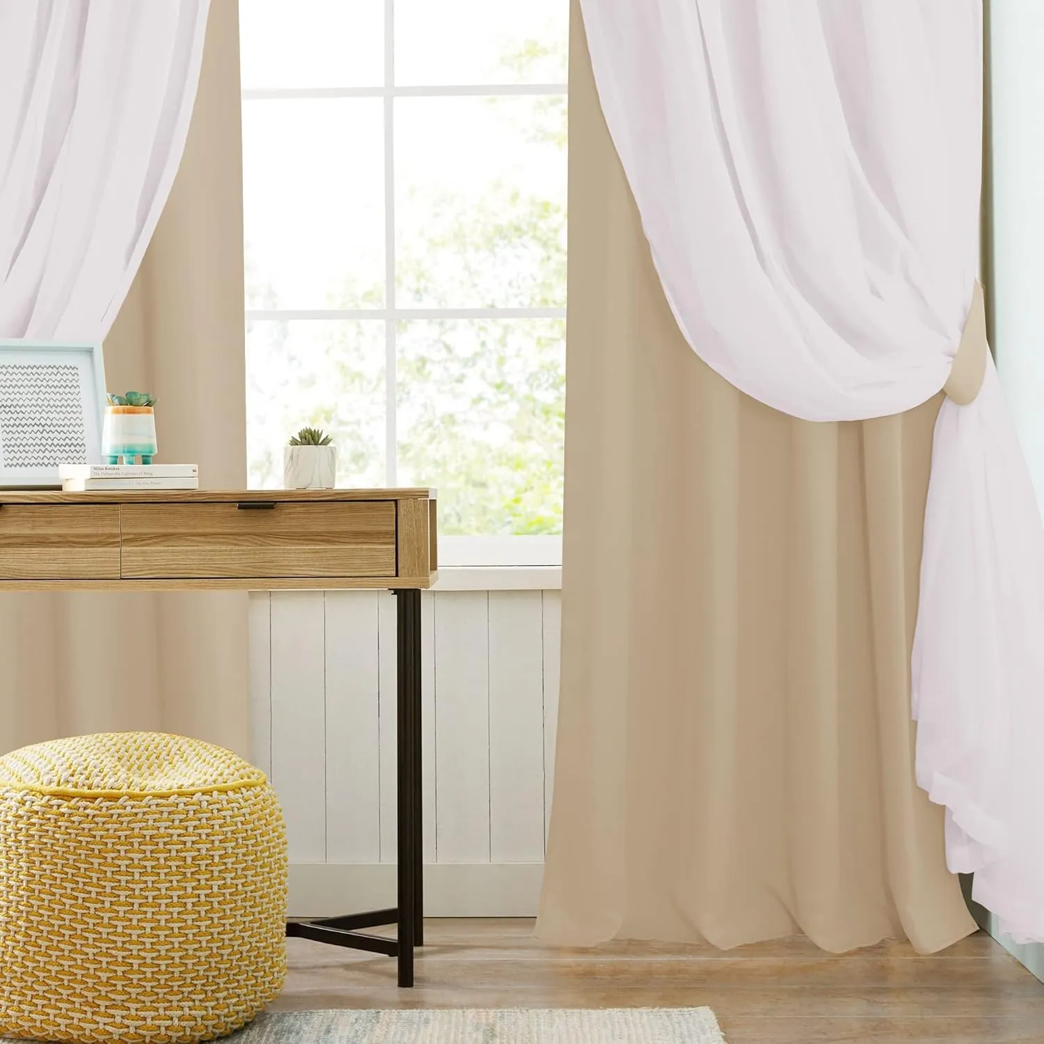 PONY DANCE Curtains for Living Room - 72 inches Long Sheer Curtains with Blackout Panels Double Layered Blackout Home Decor, 52-inch Wide, Biscotti Beige, Set of 2