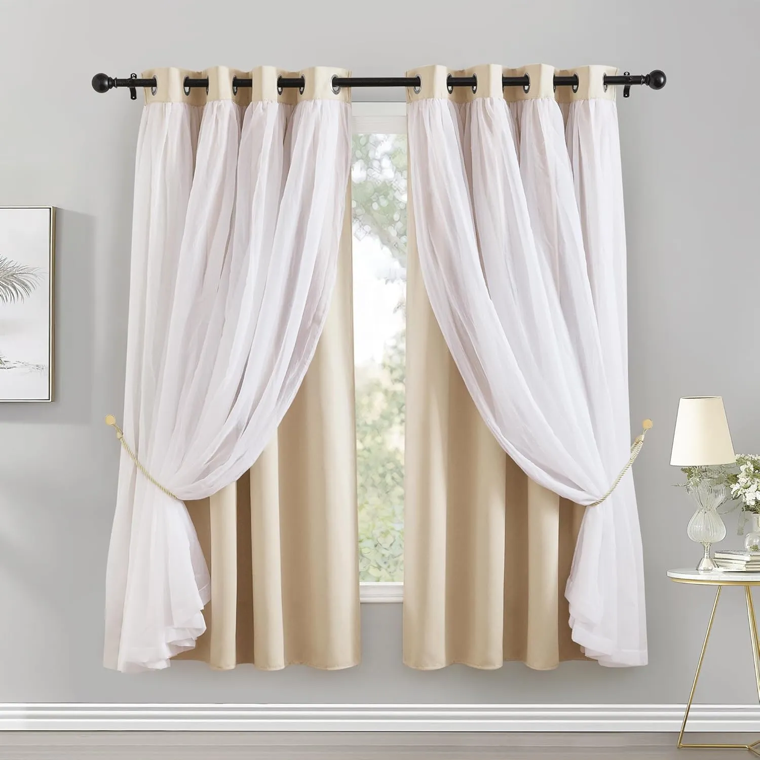 PONY DANCE Curtains for Living Room - 72 inches Long Sheer Curtains with Blackout Panels Double Layered Blackout Home Decor, 52-inch Wide, Biscotti Beige, Set of 2
