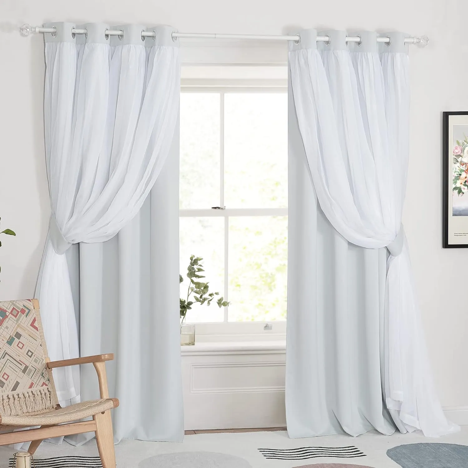 PONY DANCE Greyish White Bedroom Blackout Curtains 90 Inch with Sheer Overlay, Room Darkening Curtains Double Layer Window Drapes for Living Room Decor, 2 Panel Sets, 52 x 90 Inch, Greyish White