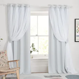 PONY DANCE Greyish White Bedroom Blackout Curtains 90 Inch with Sheer Overlay, Room Darkening Curtains Double Layer Window Drapes for Living Room Decor, 2 Panel Sets, 52 x 90 Inch, Greyish White