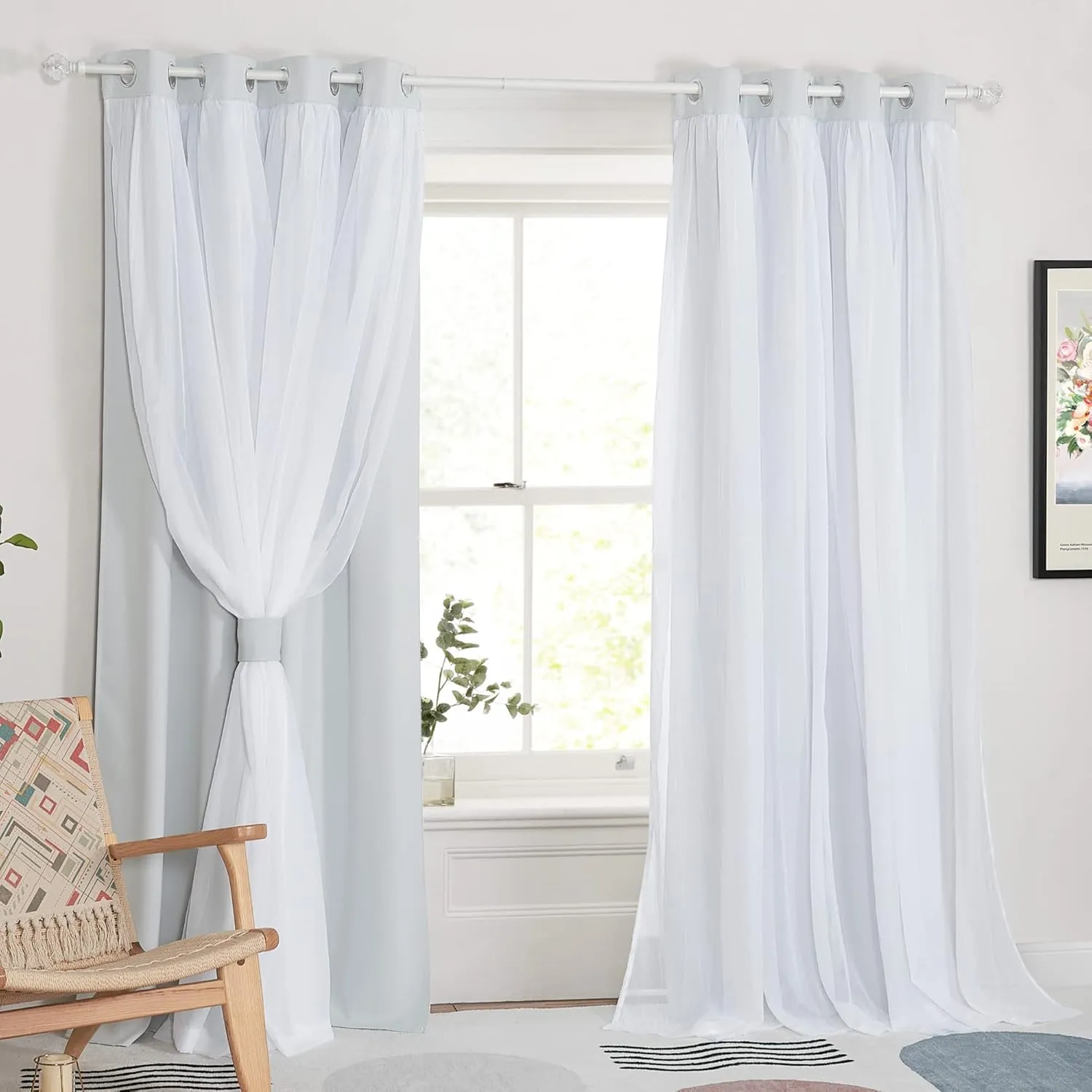 PONY DANCE Greyish White Bedroom Blackout Curtains 90 Inch with Sheer Overlay, Room Darkening Curtains Double Layer Window Drapes for Living Room Decor, 2 Panel Sets, 52 x 90 Inch, Greyish White