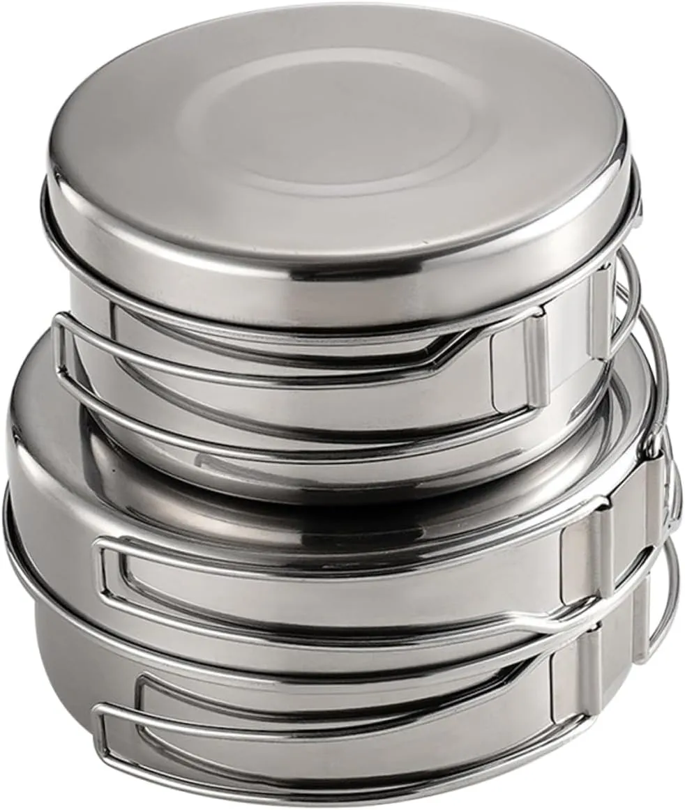 POPETPOP Camping Supplies Stainless Steel Pot Pan Set Compact Design Multi-use for Outdoor Cooking Hiking and BBQ