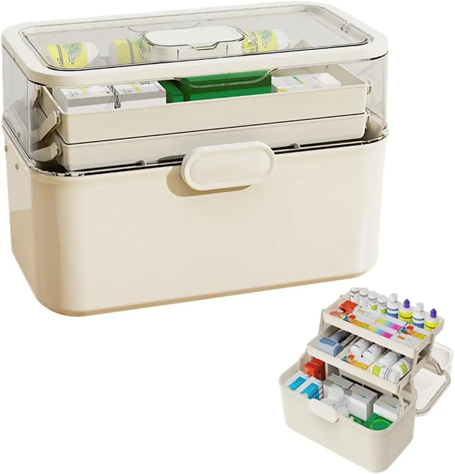 Portable 3-Layer Foldable Medicine Organizer, Medical Storage with Removable Small Medicine Box, First Aid Box Empty with Handle, Dustproof & Moisture-Proof, Suitable for Home&Travel Use (L)