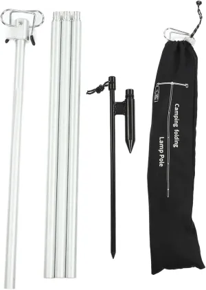 Portable Camping Folding Lamp Pole, Retractable Double Light Hooks Camping Light Pole Outdoor Lamp Post Hanging Light Holder for Picnic, Hiking, Fishing, Backpacking, Garden BBQ