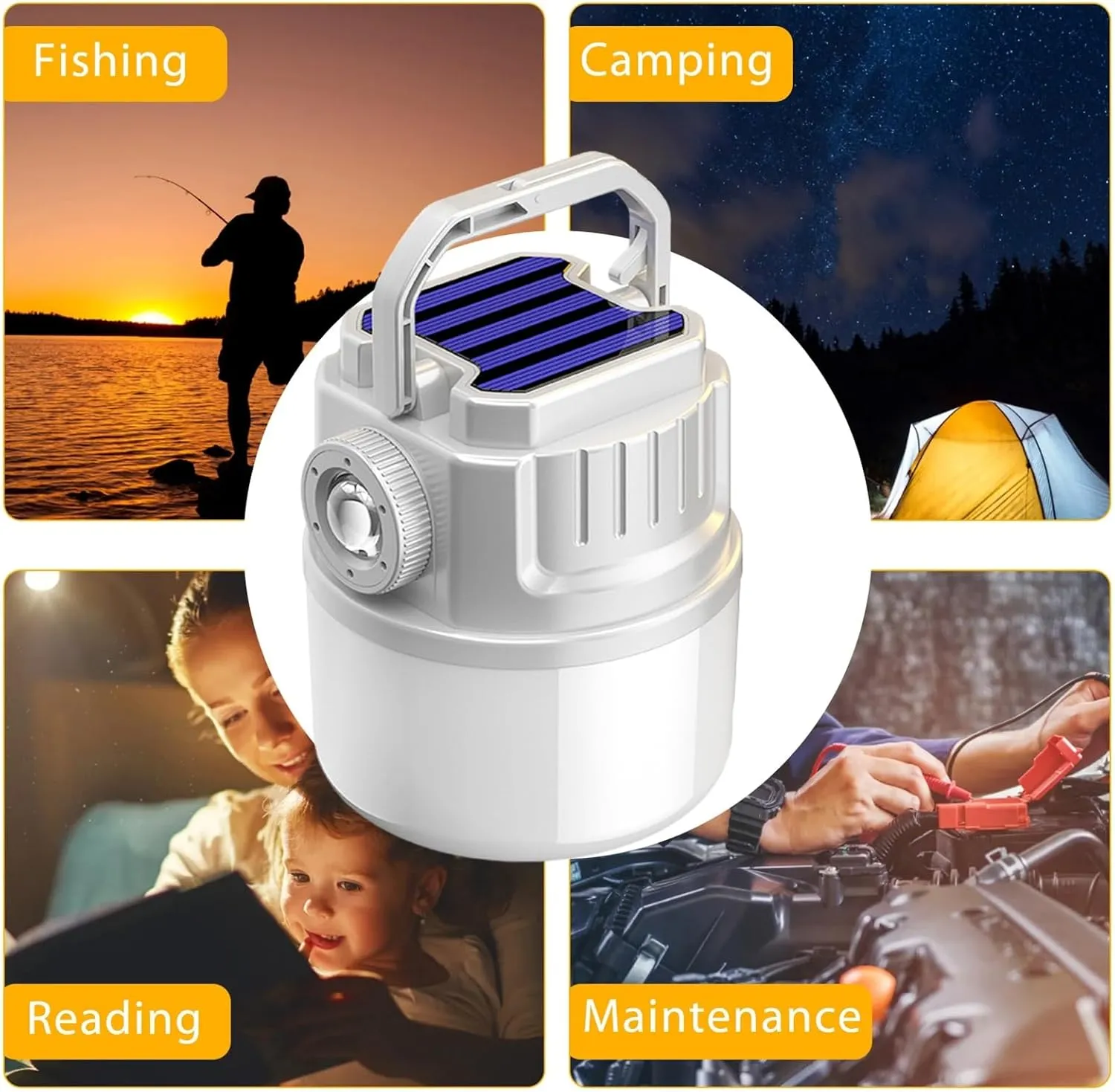 Portable Camping Lantern Lightweight Outdoor Lamp with Battery Indicator Compact 4 Adjustable Brightness Levels Rechargeable Waterproof Solar Powered White C