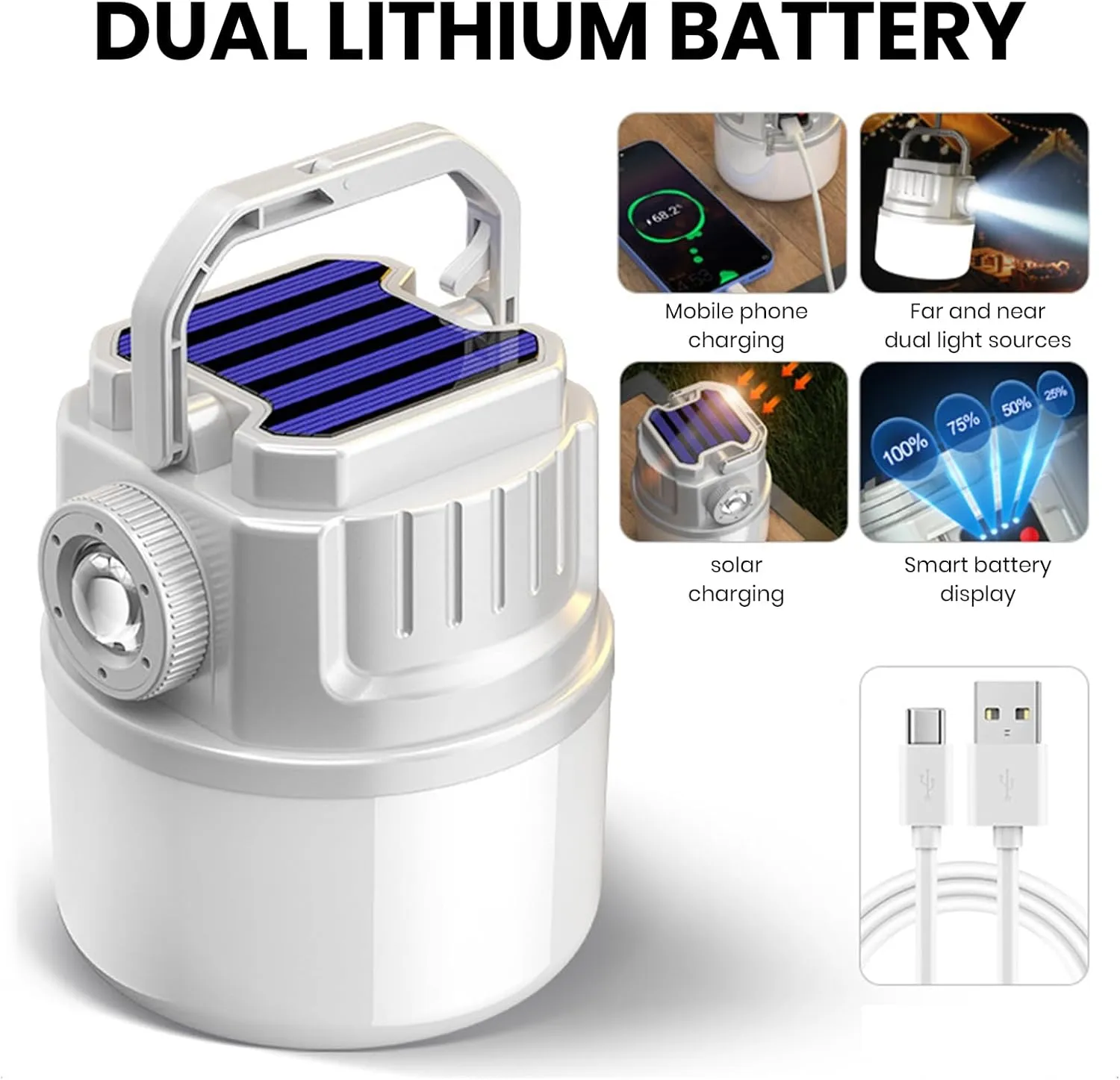 Portable Camping Lantern Lightweight Outdoor Lamp with Battery Indicator Compact 4 Adjustable Brightness Levels Rechargeable Waterproof Solar Powered White C