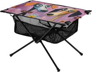 Portable Camping Table Cartoon Dogs Couple with Flowers Outdoor Foldable Camp Tables for Outside, Camping, Hiking, Tailgating