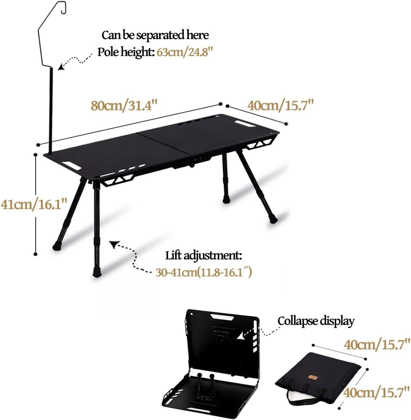 Portable Camping Tables, Folding Table with Hook, Portable Aluminum Table, Adjustable, Camp Table for Sand/Picnic/Fishing/Hiking (Color : Black-A)