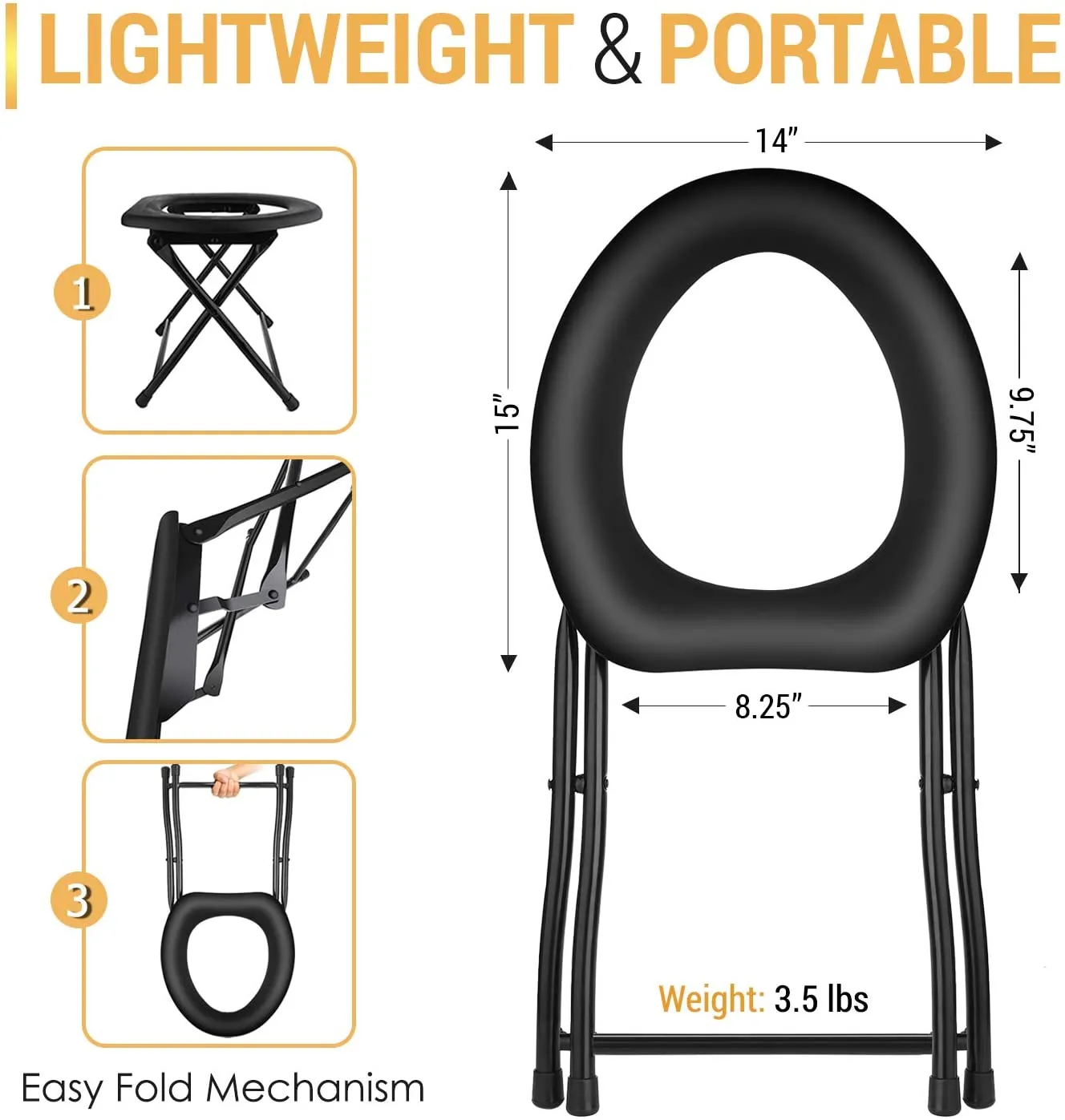 Portable Camping Toilet Chair - Folding Bedside Commode - Lightweight Foldable Outdoor Porta Potty for Adults