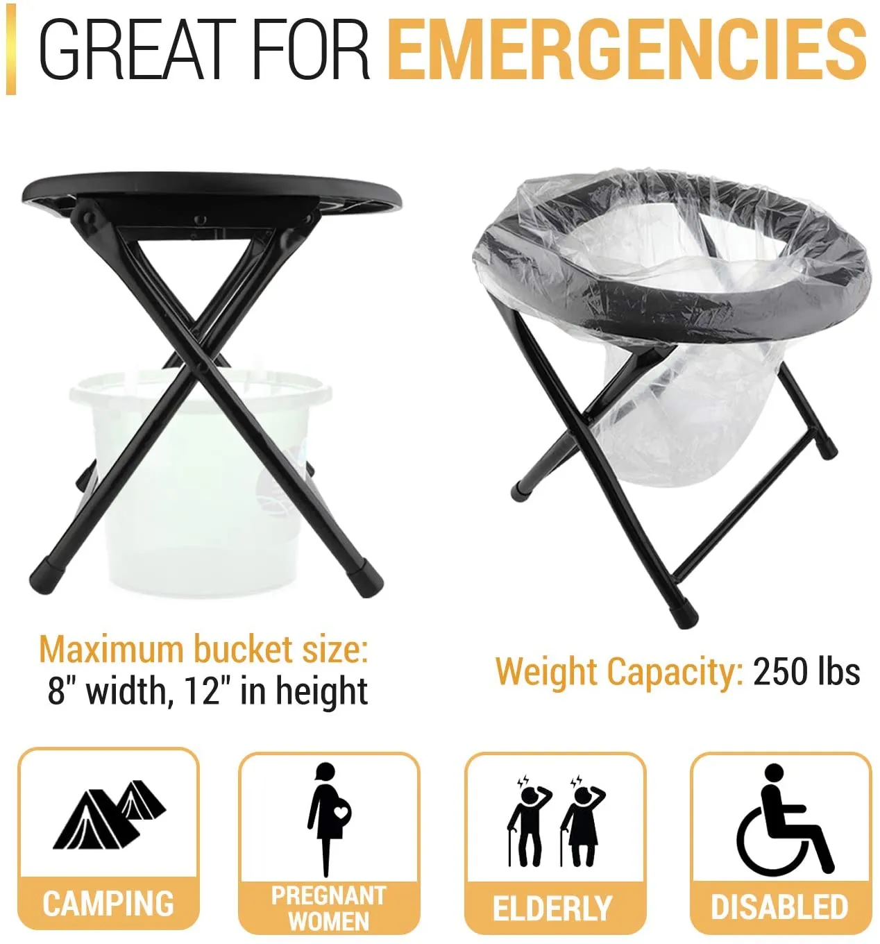 Portable Camping Toilet Chair - Folding Bedside Commode - Lightweight Foldable Outdoor Porta Potty for Adults