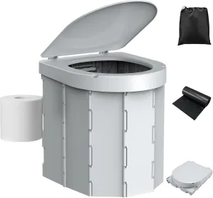 Portable Camping Toilet, Folding Toilet for Adults with Lid and Retractable Toilet Paper Holder, Waterproof Porta Potty with Carry Bag and Disposible Liners for Hiking, RV Travel, Road Trips, Gray