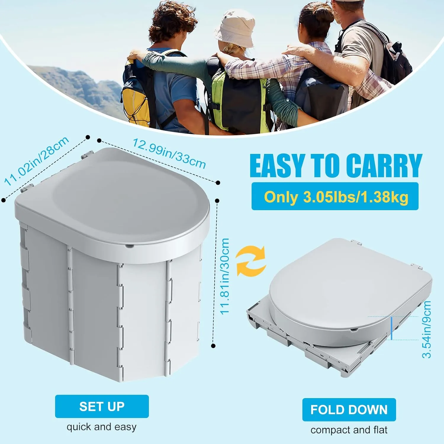 Portable Camping Toilet, Folding Toilet for Adults with Lid and Retractable Toilet Paper Holder, Waterproof Porta Potty with Carry Bag and Disposible Liners for Hiking, RV Travel, Road Trips, Gray