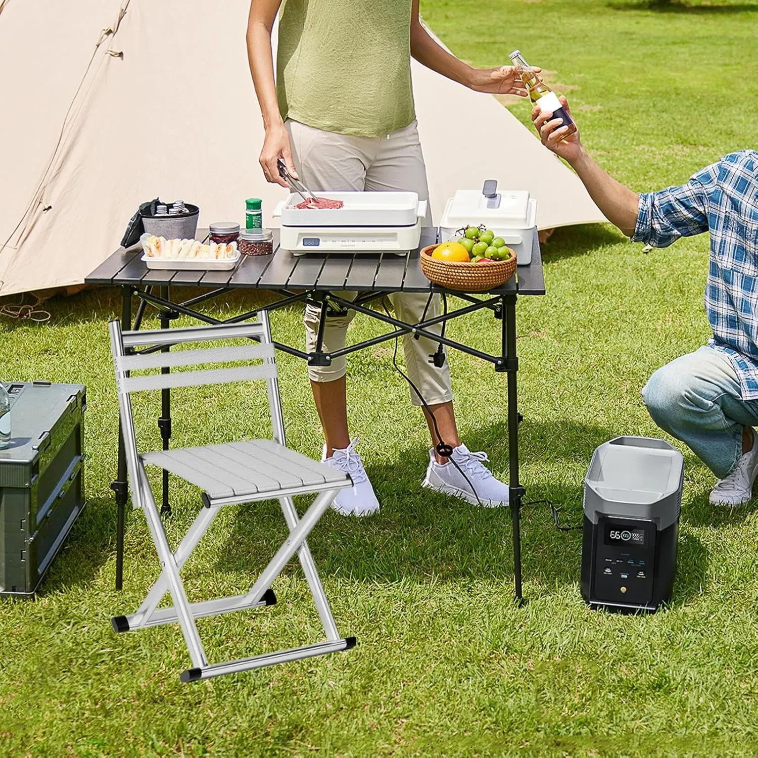 Portable Dining Chairs, Stackable Folding Chair, Folding Metal Bench, Lightweight Lawn Chairs, Camping Picnic Accessories, Perfect Use for Home Indoor, Outdoor and Travelling, Silver