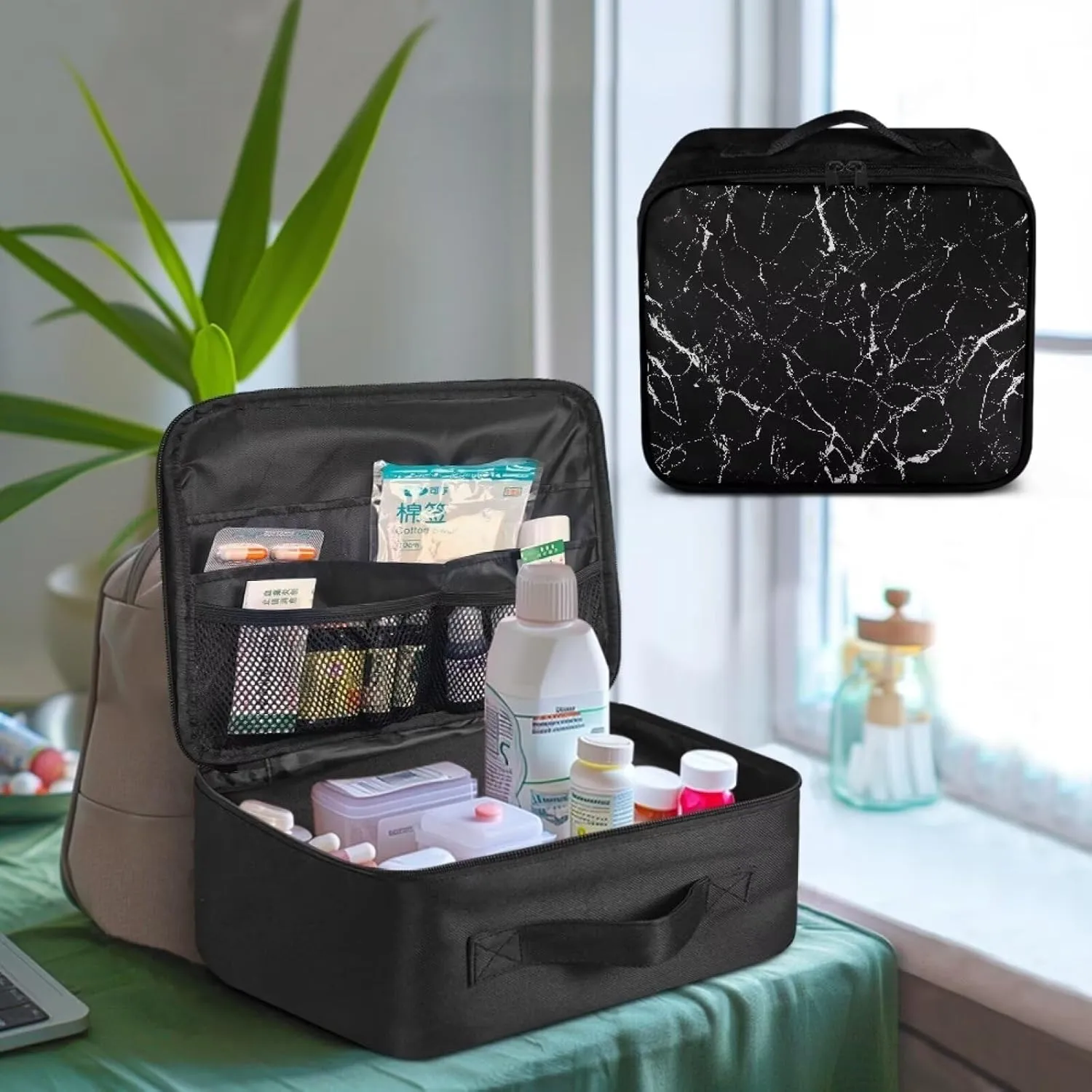 Portable Empty First Aid Kit Bag Large Black Marble Emergency Medical Bag Travel Size First Aid Pouch Storage Medical Supplies Organizer Bag for Car Home Office Kitchen Sport Outdoor