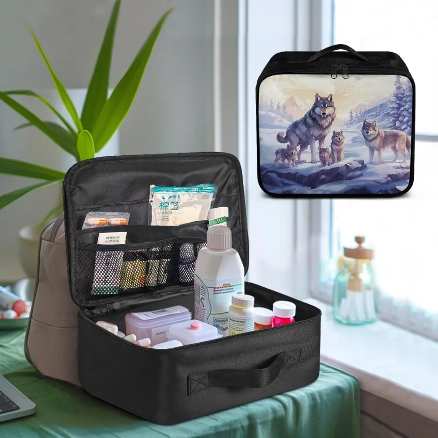 Portable Empty First Aid Kit Bag Large White Wolf Emergency Medical Bag Travel Size First Aid Pouch Storage Medical Supplies Organizer Bag for Car Home Office Kitchen Sport Outdoor