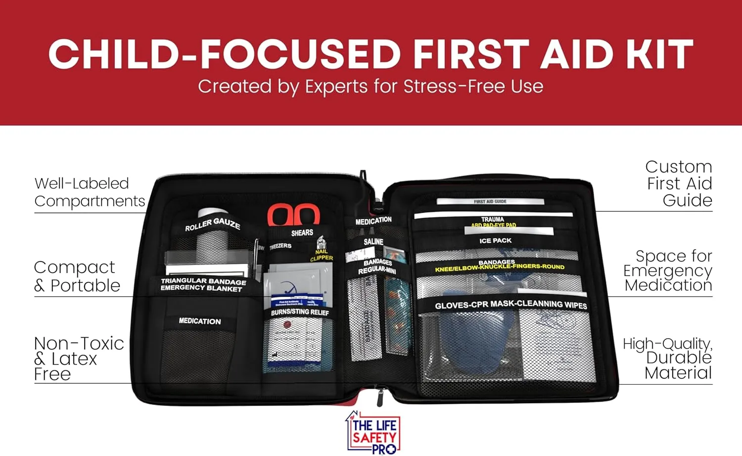 Portable First Aid Kit for Kids with CPR Shield - Ideal for Home, Car, School, Camping, and as a Travel First aid kit. Latex-Free Bandages – Children First Aid Guide by The Life Safety Pro