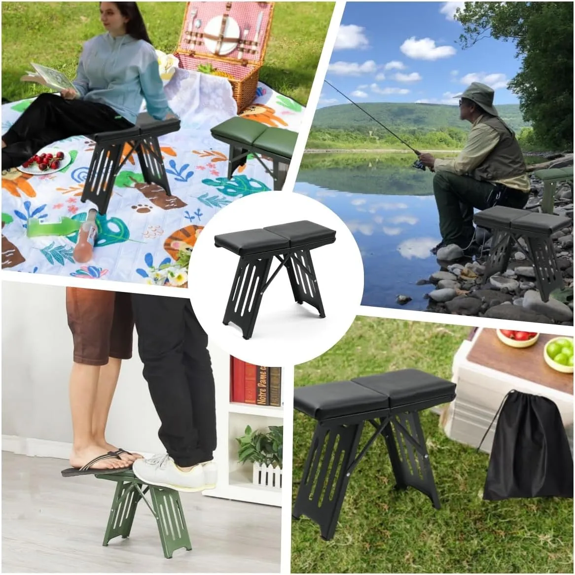 Portable Folding Camping Stools with Soft Seat,Folding Camping Stool, Indoor/Outdoor Foldable Stool with Non-Slip Feet & Carry Bag,Lightweight for BBQ Travel Fishing (Black,13.8"x6.1"x11.4",1 pcs)