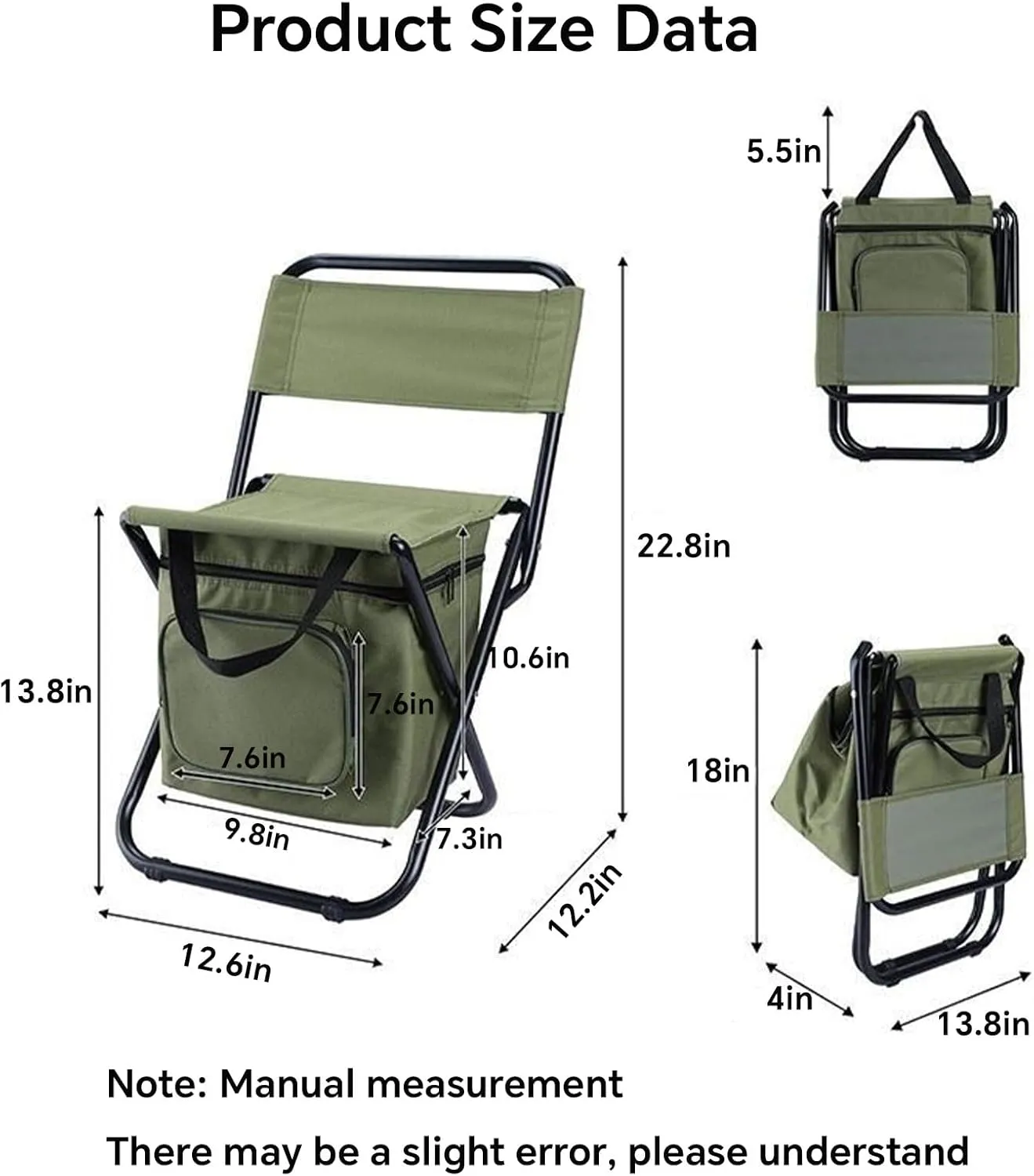 Portable Folding Chair Seat with Cooler Bag Lightweight Camping Chair Outdoor Reclining Stool with Storage Bag with Carrying Handle Suitable for Outdoor Camping Fishing and Ice Fishing